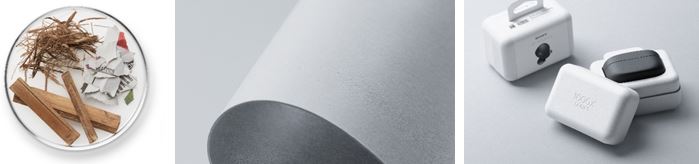 左起依次为甘蔗和再生纸；原生混合材料制纸；真无线降噪耳机WF-1000XM4的包装