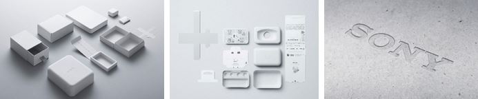 左起依次为使用案例；原生混合材料被用于制成索尼真无线降噪耳机WF-1000XM4的包装；压花效果