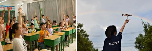 孩子们踊跃回答问题（左）；大学生放飞航模（右）