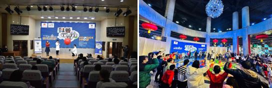 天津聋人学校-“漂浮系列”表演（左）；           天津科技馆-“静电杯”互动（右）