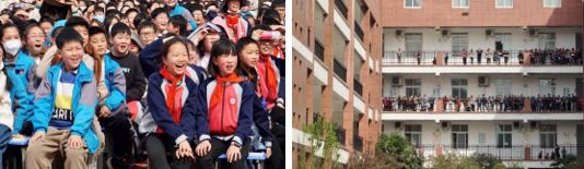 兴高采烈看表演的同学们<左> 没能参与的同学们课间围观活动<右>