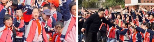 迫切想要参与活动而从座位上站起来举手的同学们<左> 探梦工作人员挑选上台互动的同学<右>