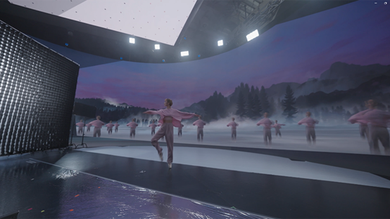 通过使用实时抠像技术，舞者在LED屏幕前表演的视觉数据被实时捕捉并投射摄到屏幕上