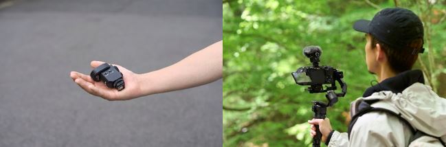 小巧便携的ECM-M1 （左）ECM-M1在稳定器上使用（右）
