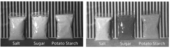 (左:可见光;右:短波红外线)利用短波红外线吸收率的差异进行材料分类